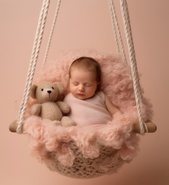 Portrait of newborn baby in swing