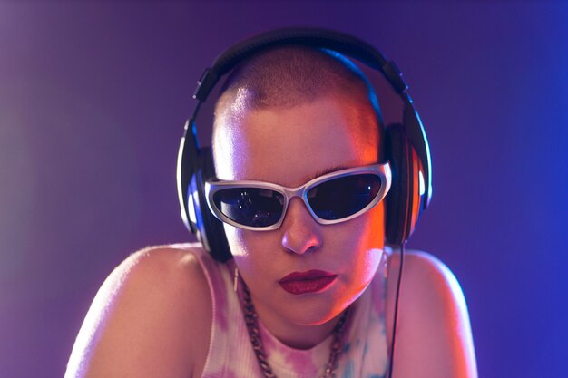 portrait of person attending a vibrant techno music party