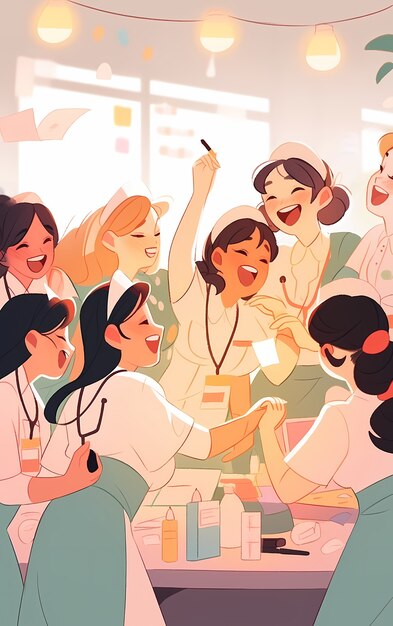 rendering of anime doctors having party