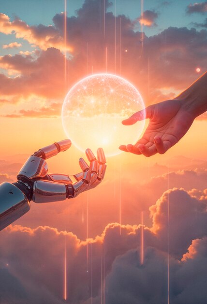 robot and human hand reaching for a glowing sphere in the sky