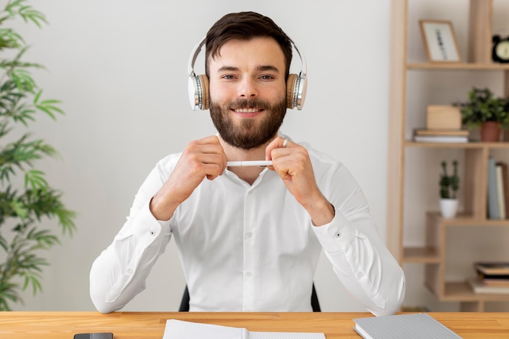 Gratis Foto smiley man wearing headphones