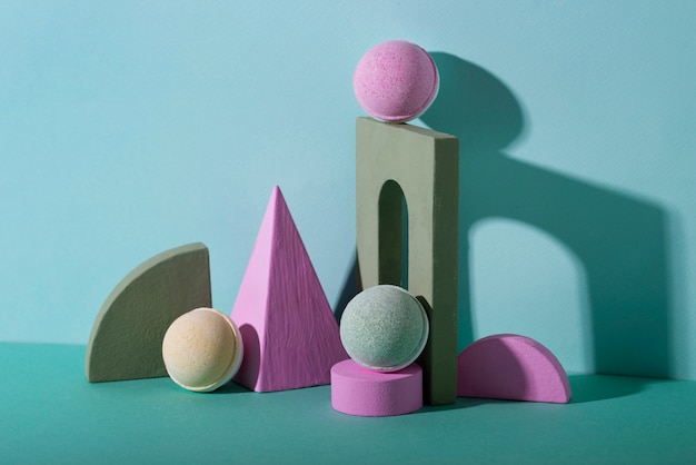 still life of unused bath bombs