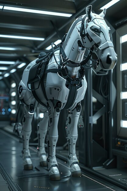View of horse with mechanical and robotic parts in futuristic style