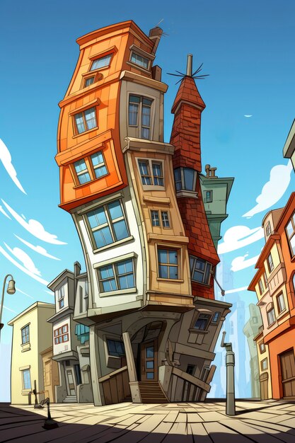 Visning af bygning med arkitektur i cartoon-stil