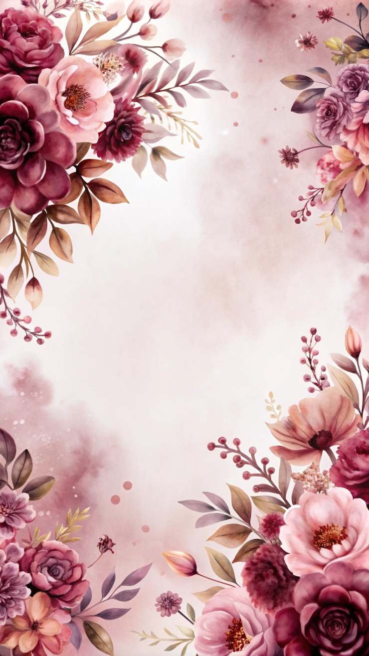 Gratis Bild watercolor floral border with pink and burgundy flowers on a blush background