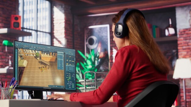 Woman at home creating a 3D render of an apartment interior layout