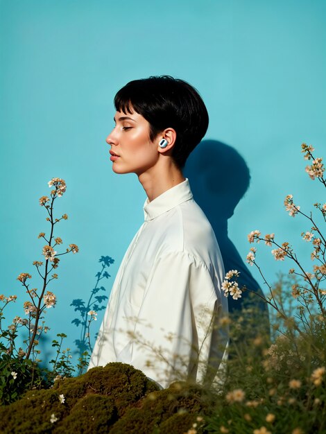 woman wearing earphones against a blue backdrop with flowers