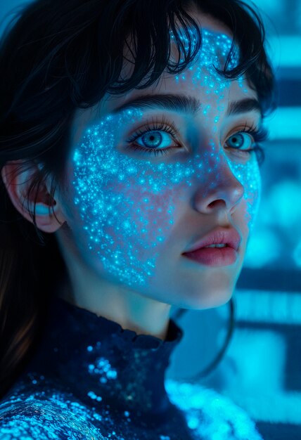 woman with glowing blue face