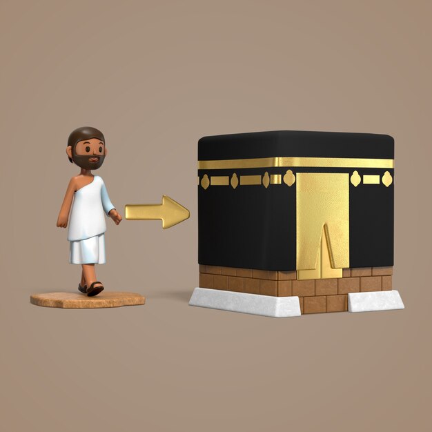 3d cartoon image of kaaba and a pilgrim