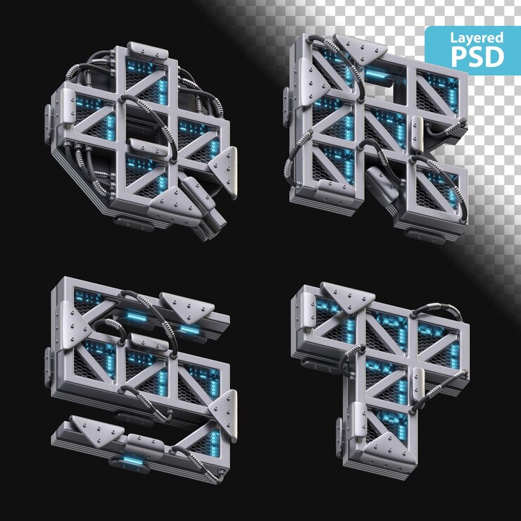 Gratis PSD 3d metalliske bokstaver q, r, s, t med glødende effekt