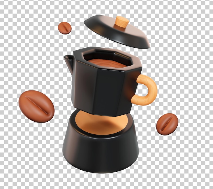 Gratis PSD 3d moka pot kaffetrakter med flytende kaffebønner transparent bakgrunn