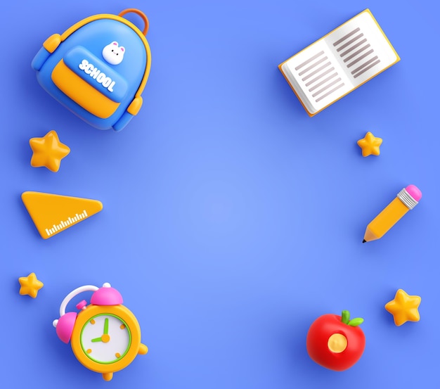 3D Top View of School Supplies and Stationery on Blue Background