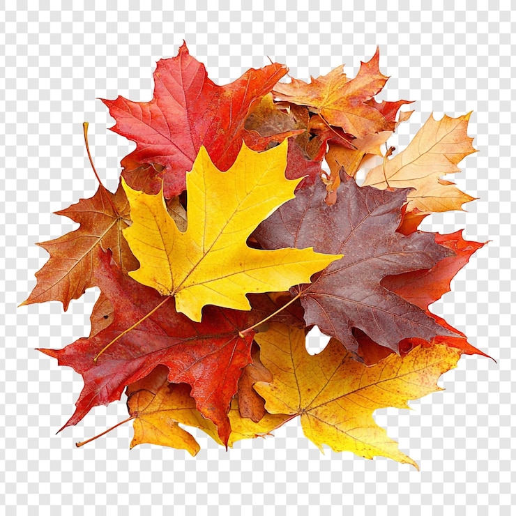 Gratis PSD autumn leaves collection a vibrant pile of red yellow and brown maple leaves perfect for fallthemed designs and backgrounds