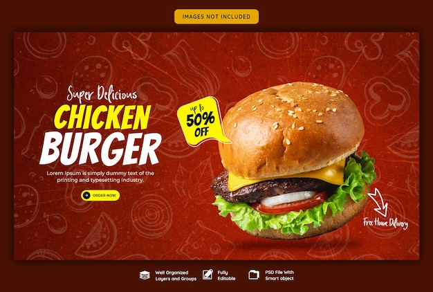 Banner-mal for deilig burger og matmeny for nett