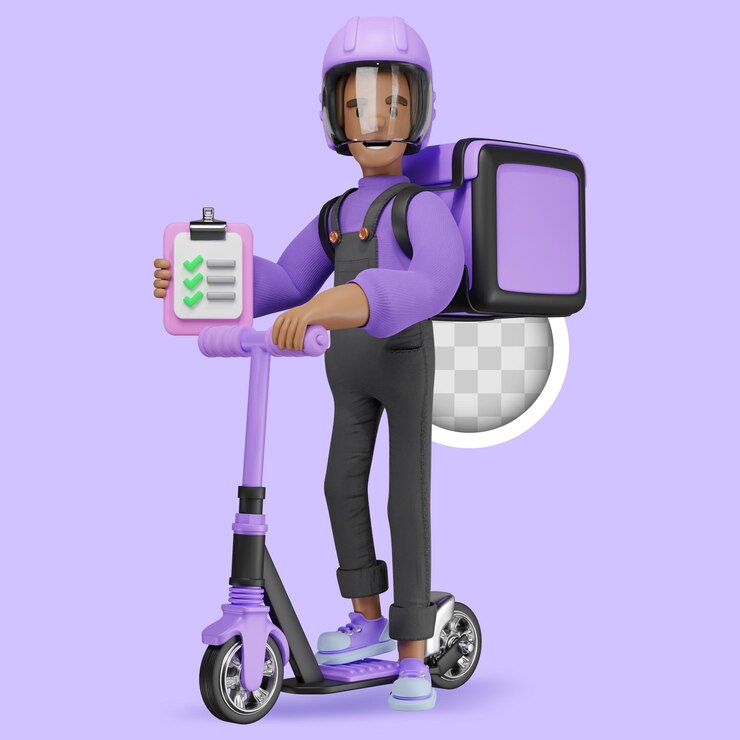 Gratis PSD character on skateboard reporting delivery 3d illustration