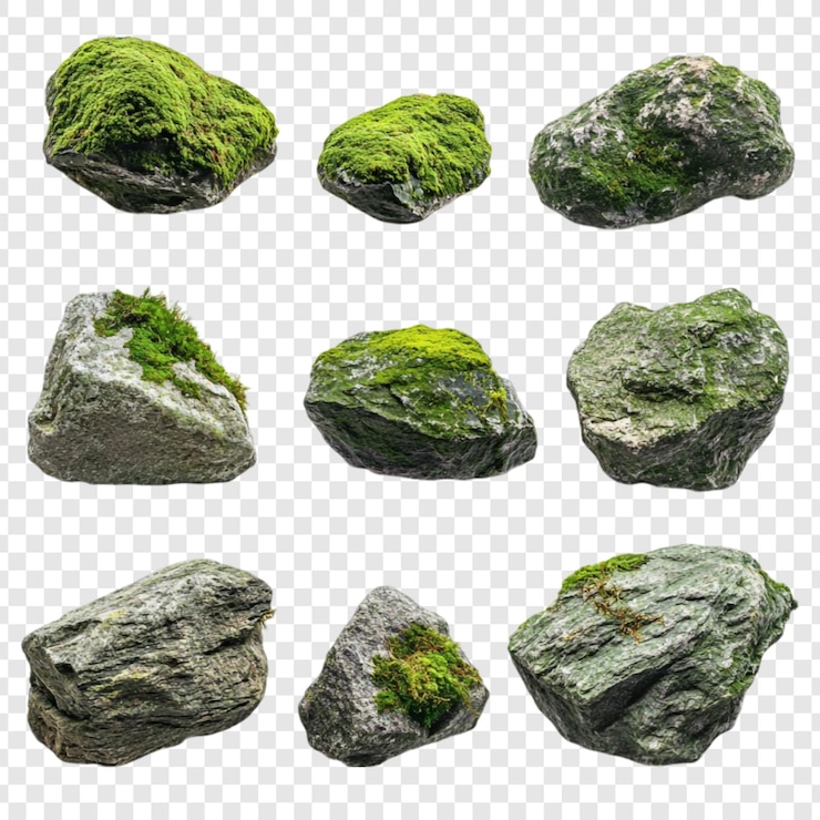 Gratis PSD collection of mossy rocks nine unique stones isolated on transparent background