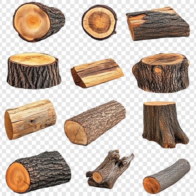 Collection of Various Wood Logs Tree Trunks and Cut Wood Pieces