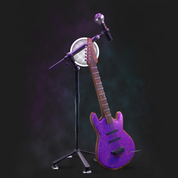 Gratis PSD concert stage with microphone and guitar.