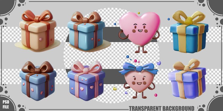 Gratis PSD cute gift boxes and cartoon hearts for celebrations