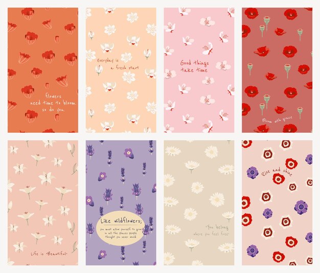 Editable floral aesthetic template psd for social media story with inspirational quote set