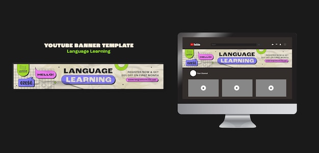 Flat design language learning youtube banner