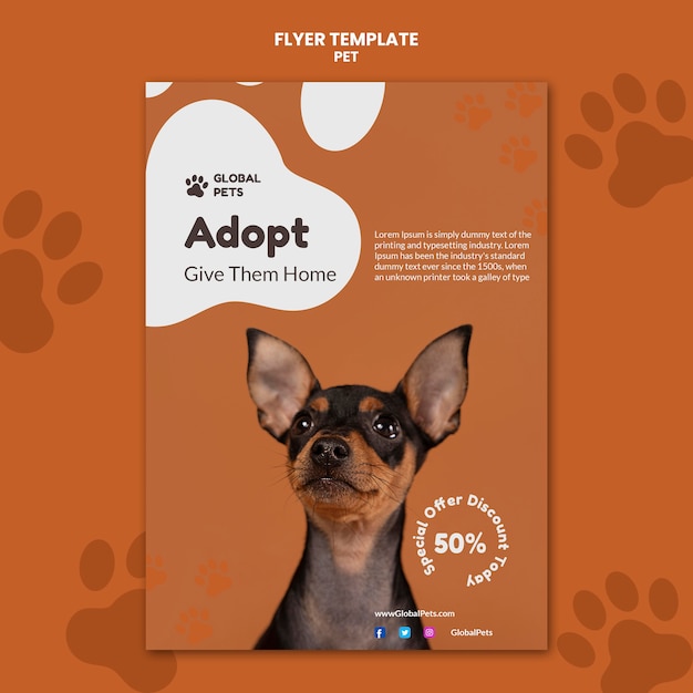 Flat design-mal for adopsjonsplakat for kjæledyr