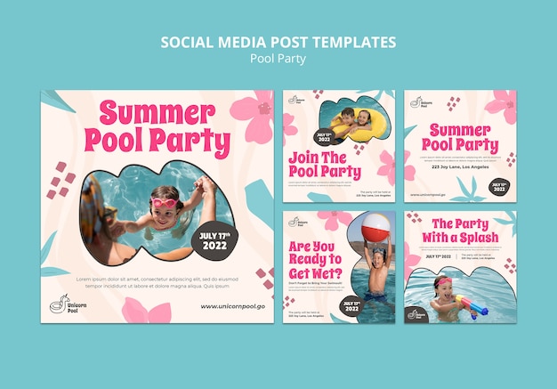 Flat design pool party instagram template