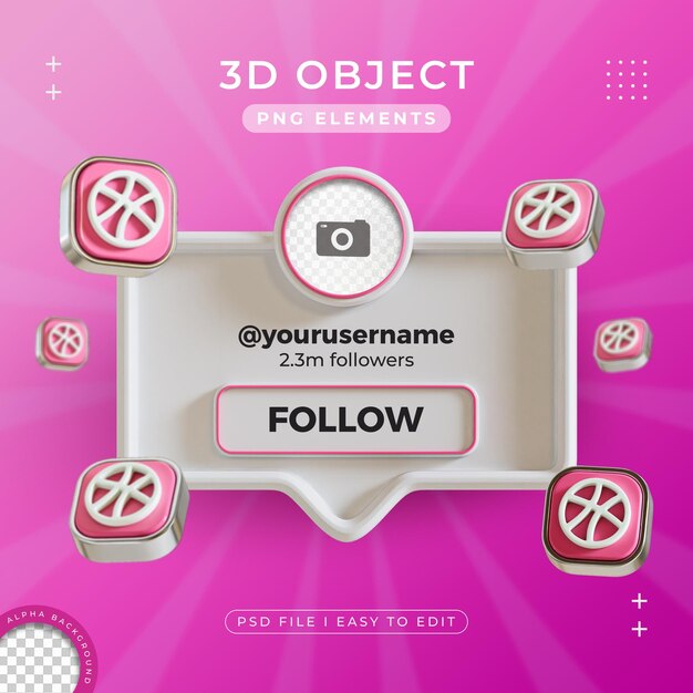 follow us on dribbble profile social media 3d render isolated for composition