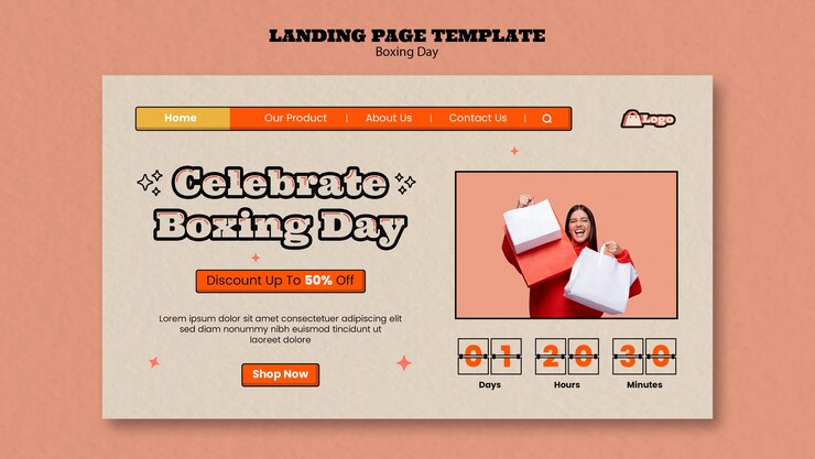 Gratis PSD håndtegnet landingssidemal for boxing day