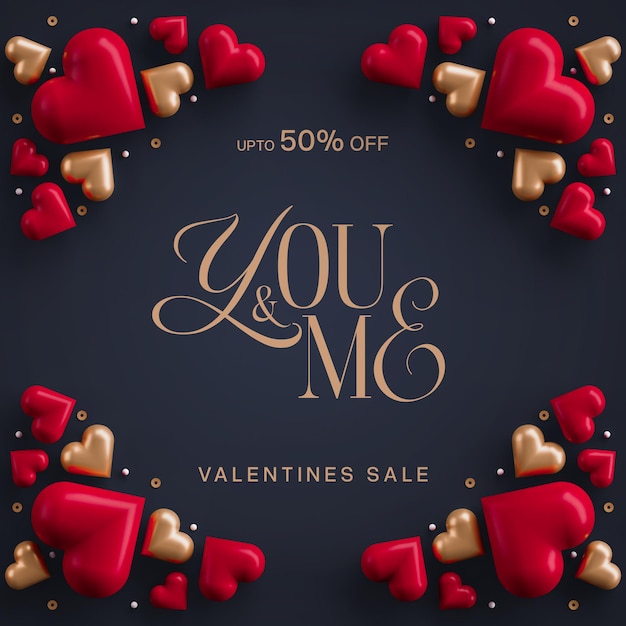 Happy Valentines Day With 3d Hearts Social Media Post Design Template