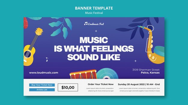 Horisontal bannermal for musikkfestival med musikkinstrumenter