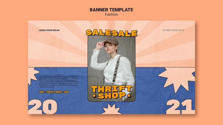 Gratis PSD horizontal banner for thrift shop fashion sale