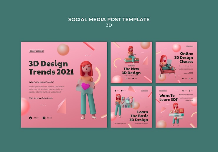 Gratis PSD instagram-innleggsamling for 3d-design med kvinne