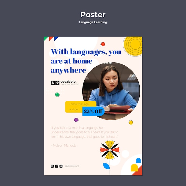 language classes vertical poster template with abstract flowers