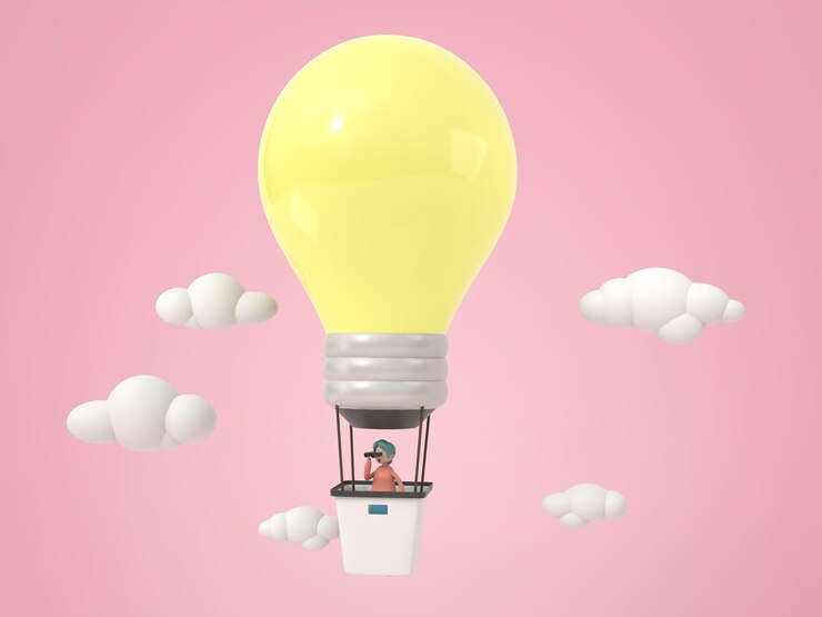 Gratis PSD man on a lightbulb balloon looking through binoculars on the sky with clouds