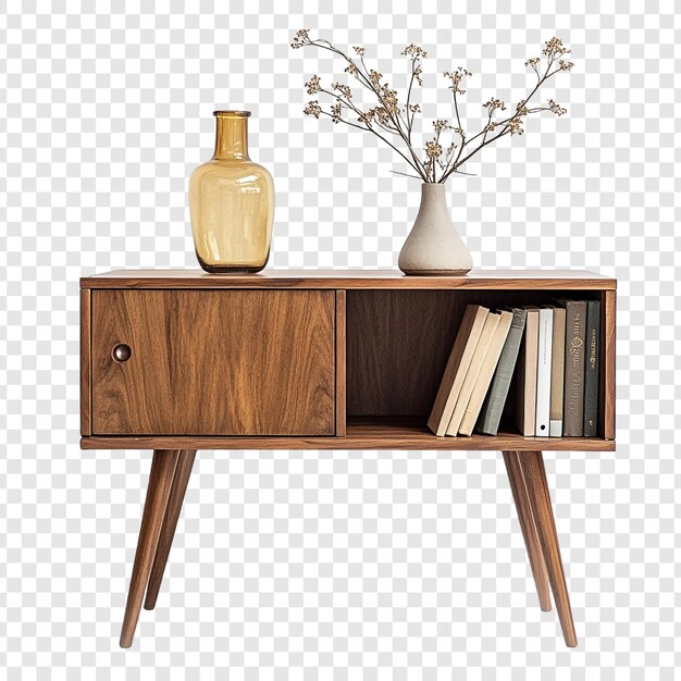MidCentury Modern Walnut Wood Cabinet with Books and Decor