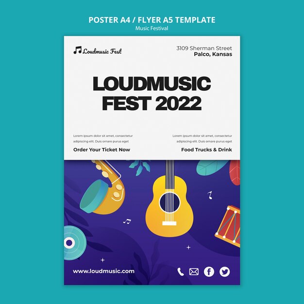 Music fest vertical poster template with musical instruments
