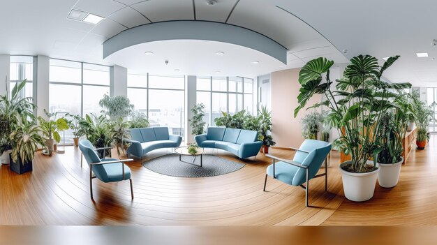 panorama of a bright reception and waiting room in a clinic with desk generative ai