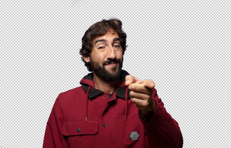Gratis PSD pointing at camera with a satisfied confident friendly smile choosing you