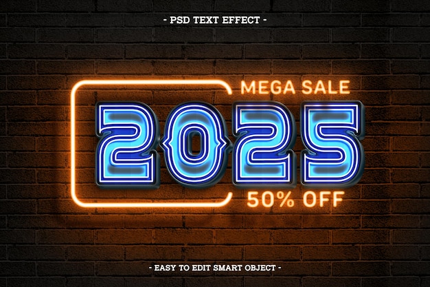 Redigerbar teksteffekt i neonstil Godt Nytt År 2025