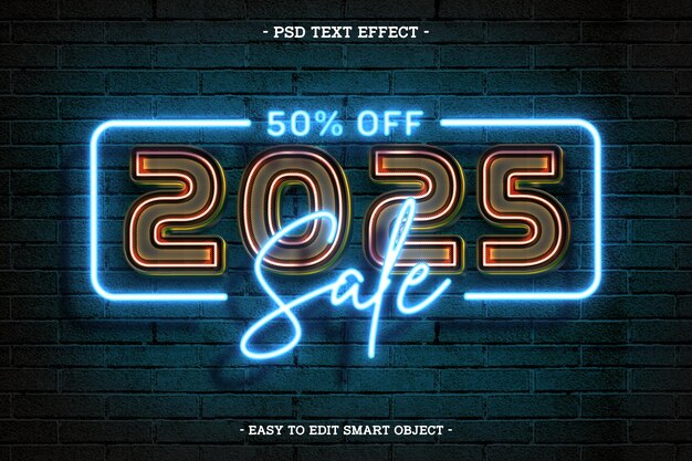 Redigerbar teksteffekt i neonstil Godt Nytt År 2025