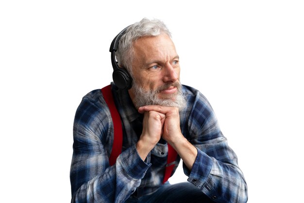 Senior man with headphones