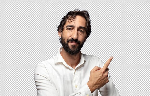 smiling cheerfully feeling happy and pointing to the side and upwards showing object in copy space