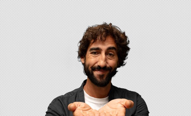 smiling happily with friendly confident positive look offering and showing an object or concept