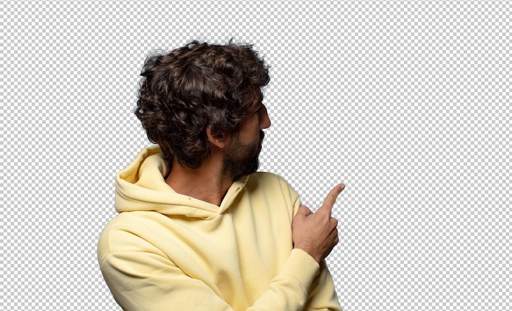 Gratis PSD standing and pointing to object on copy space rear view