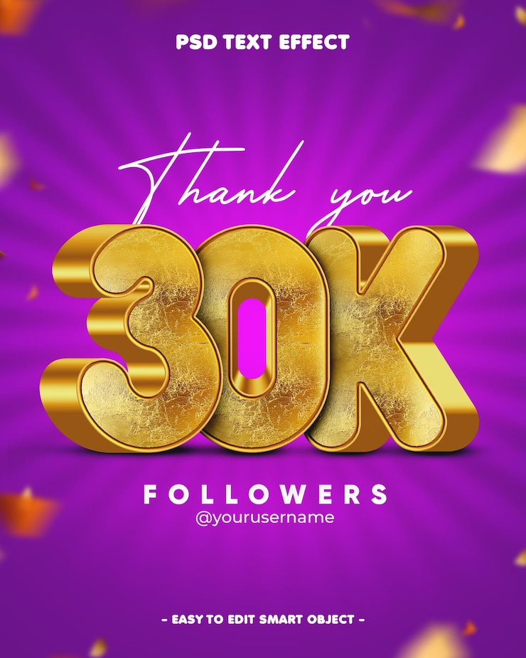 Gratis PSD thank you 30k followers 3d editable text effect