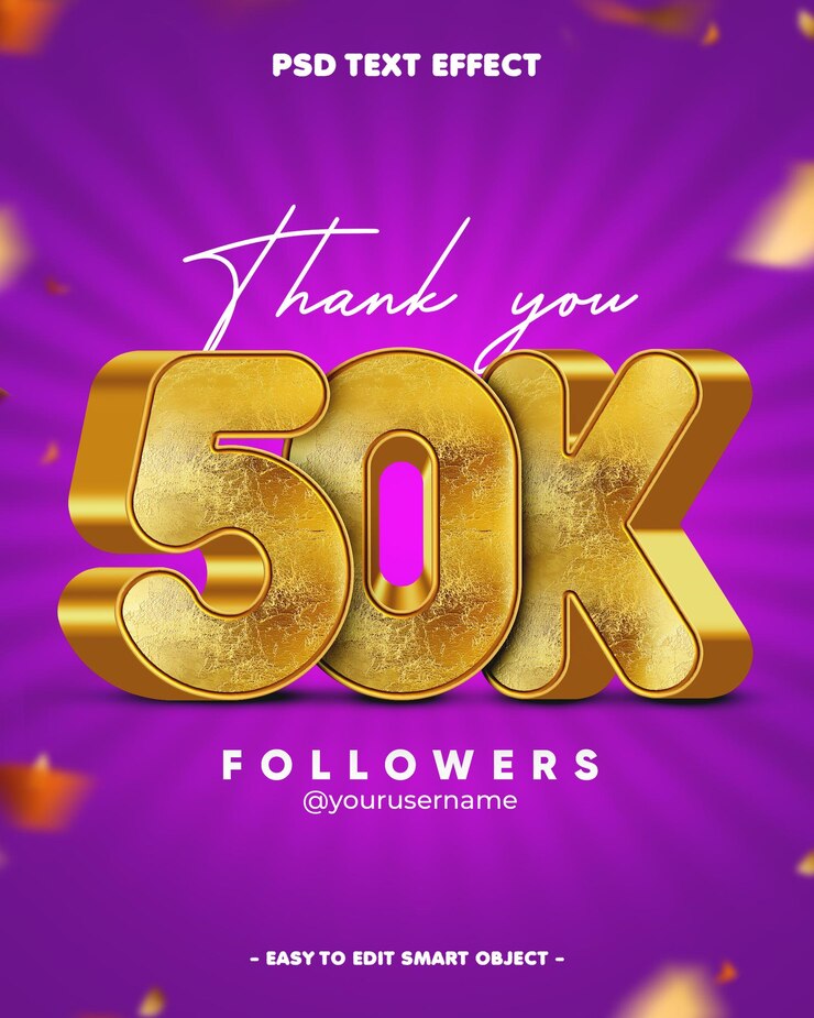 Gratis PSD thank you 50k followers 3d editable text effect
