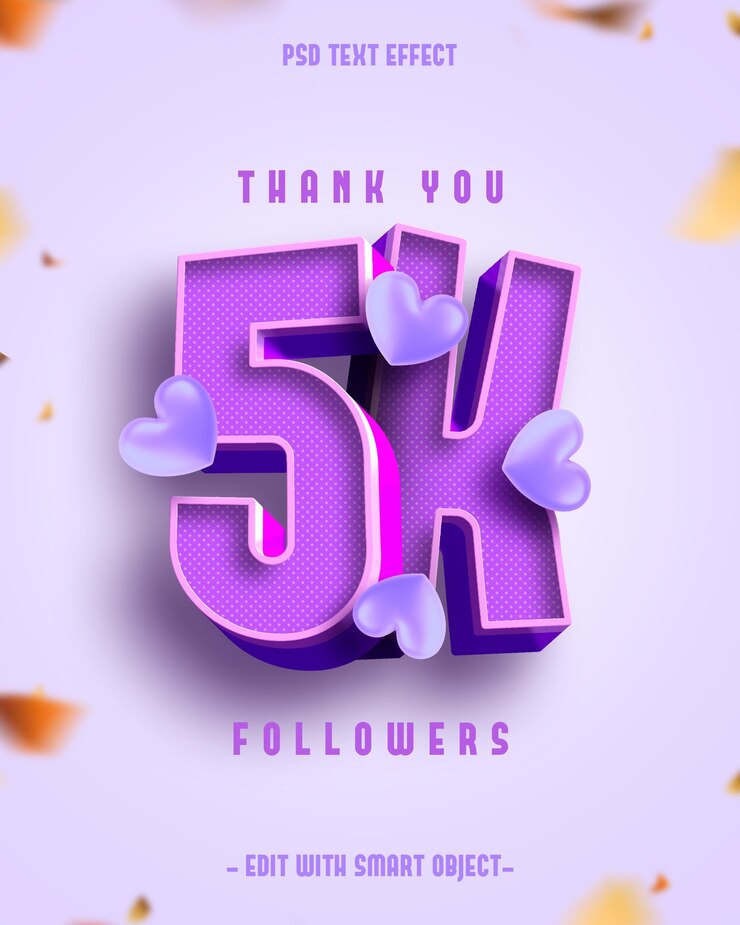 Gratis PSD thank you 5k followers 3d editable text effect
