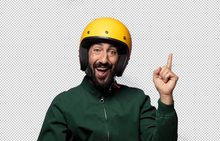 Gratis PSD ung, voksen mann med motorsykkelhjelm for beskyttelse