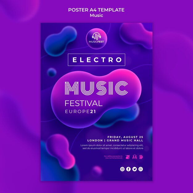 Vertikal plakat for elektro musikkfestival med neon flytende effektformer